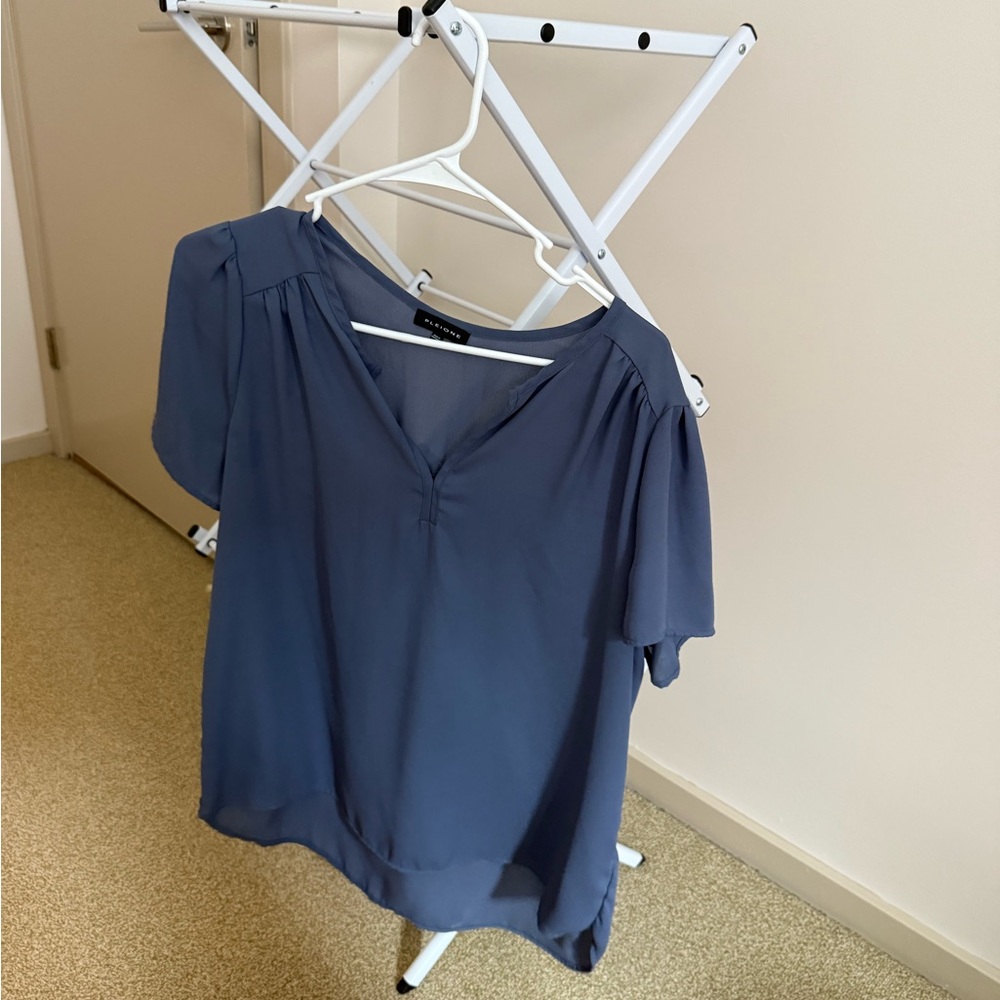 Pleione Blue Short Sleeve Relaxed Blouse
